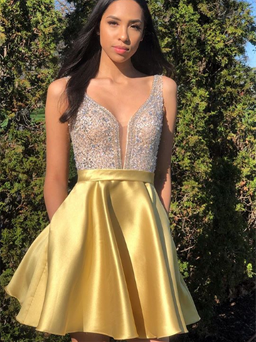 A Line Yellow Beaded Short Prom Dresses, Yellow Beaded Short Formal Evening Graduation Dresses