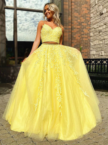 V Neck 2 Pieces Yellow Lace Long Prom Dresses, Two Pieces Yellow Lace Formal Evening Dresses