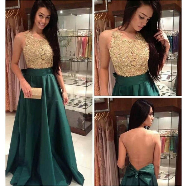 Custom Made A Line Round Neck Green and Golden Long Prom Dress, Golden and Green Formal Dress