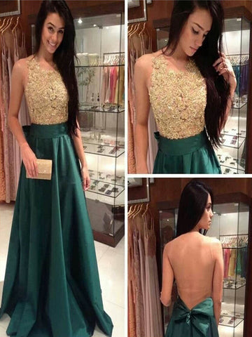 Custom Made A Line Round Neck Green and Golden Long Prom Dress, Golden and Green Formal Dress