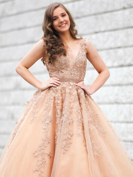 V Neck Champagne Lace Appliques Prom Dresses, V Neck Champagne Lace Formal Evening Graduation Dress