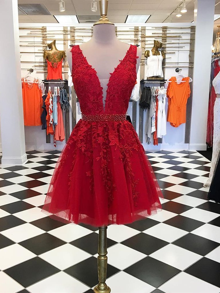 V Neck Short Red Lace Prom Dress, Short V Neck Red Lace Graduation Homecoming Dresses