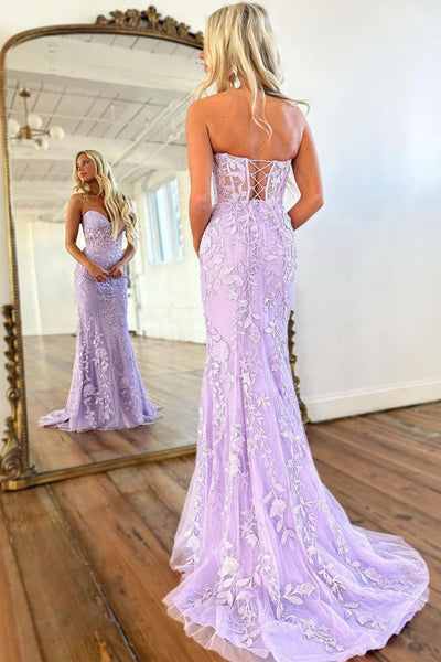 Mermaid Strapless Purple Lace Long Prom Dress, Purple Lace Formal Dress, Long Purple Evening Dress
