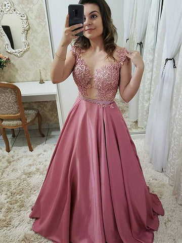 Pink/Royal Blue Lace A-Line/Princess Sleeveless Scoop Long Satin Long Dress, Pink/Royal Blue Lace Formal Evening Dress