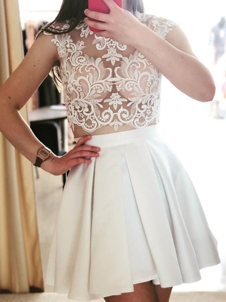 Cute White Two Pieces Lace Short Prom Dress,Cute White 2 Pieces Lace Short Graduation Homecoming Dress