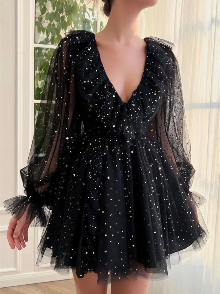 Black V Neck Tulle Short Prom Dress, Cute Long Sleeve Homecoming Party morievent Black V Neck Tulle Short Prom Dress, Cute Long Sleeve Homecoming Party morievent