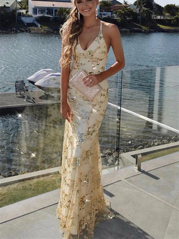 Lace-Up Mermaid Long Gold/Silver/Navy Blue Prom Dress with Sequins, V Neck Backless Mermaid Formal Evening Dresses