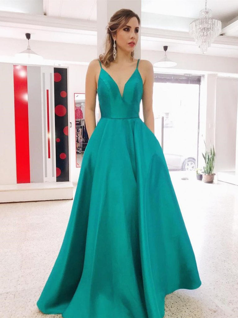 Simple V Neck Green Long Prom Dresses with Pockets, Green Backless Formal Evening Dresses