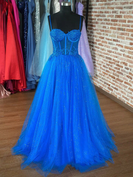 Blue Spaghetti Strap Lace Tulle Formal Evening Dress, Lace Blue Sweetheart Neck Prom Dress