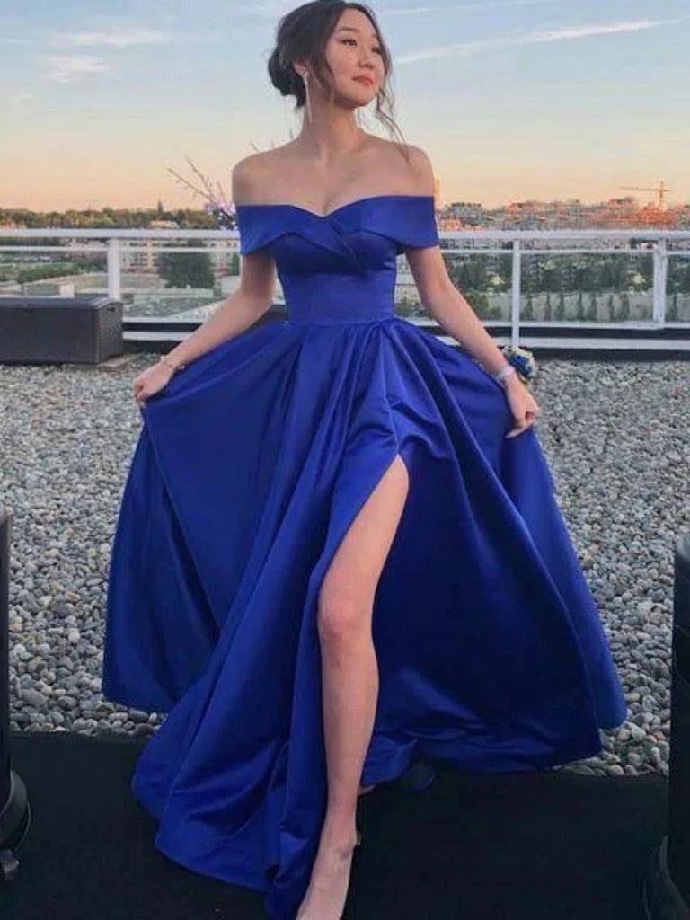 Off the Shoulder Blue Satin Long Prom Dresses with High Slit, Off Shou morievent Off the Shoulder Blue Satin Long Prom Dresses with High Slit, Off Shou morievent