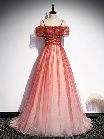 Burgundy Tulle Beaded Long Prom Dress, A Line Off Shoulder Evening Dress