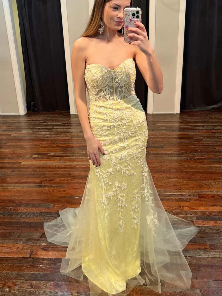 yellow lace prom dresses tulle long dress yellow lace formal dress Yellow Lace Applique Strapless Side