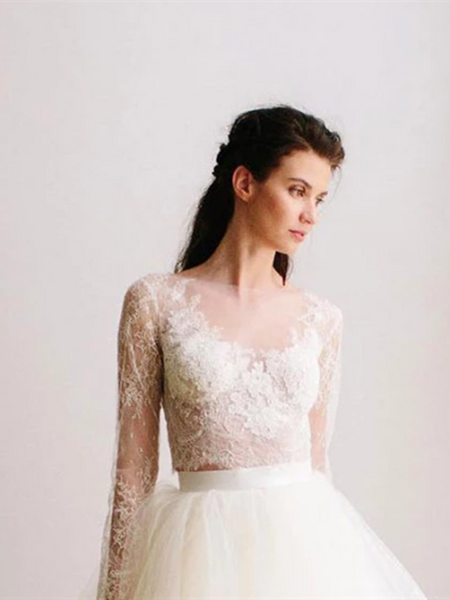 Long Sleeves White Round Neck Two Pieces Lace Tulle Long Prom Dresses, Long Sleeves White 2 Pieces Lace Wedding Dresses