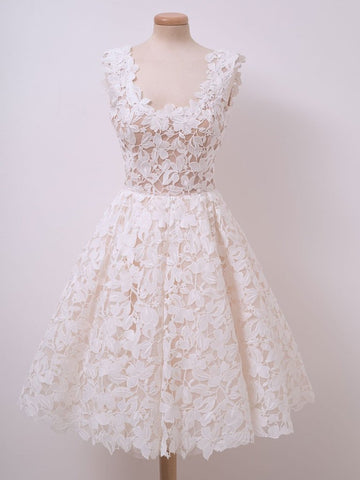 Cute Ivory Lace Short Prom Dresses, White Lace Homecoming Graduation Evening Dresses 