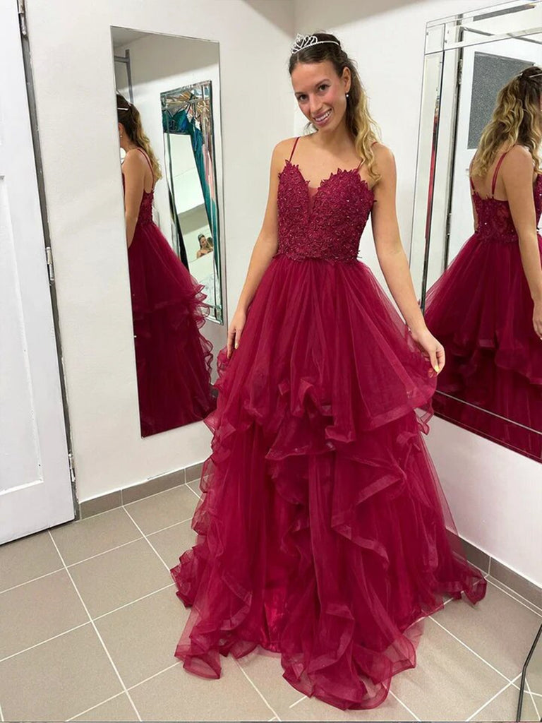 Burgundy Lace Spaghetti Strap Tulle Long Prom Dress , Burgundy A-Line morievent Burgundy Lace Spaghetti Strap Tulle Long Prom Dress , Burgundy A-Line morievent