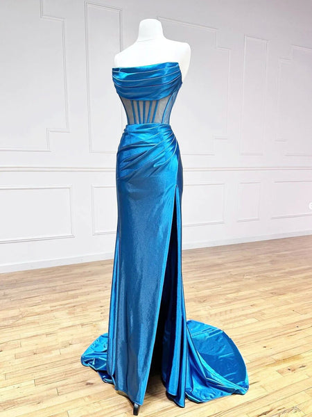 Blue Mermaid Satin Long Prom Dress, Mermaid Blue Formal Evening Dress