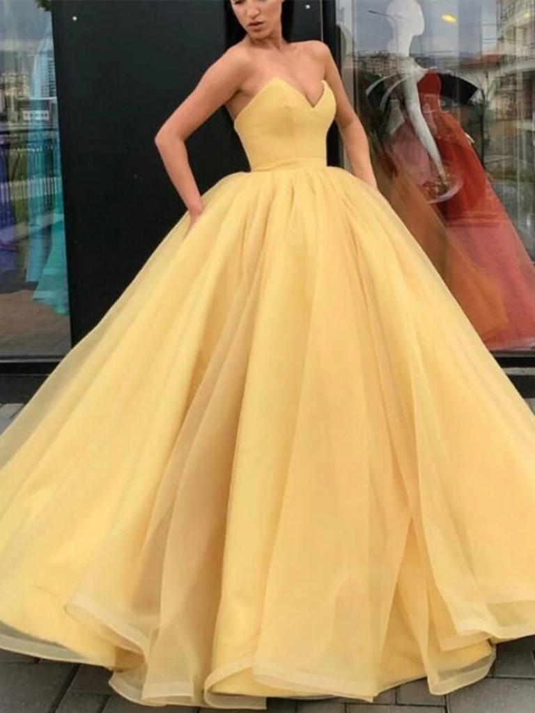Yellow Ball Gown Empire Sweetheart Long Organza Prom Dress, Yellow Ball Gown Formal Evening Dress