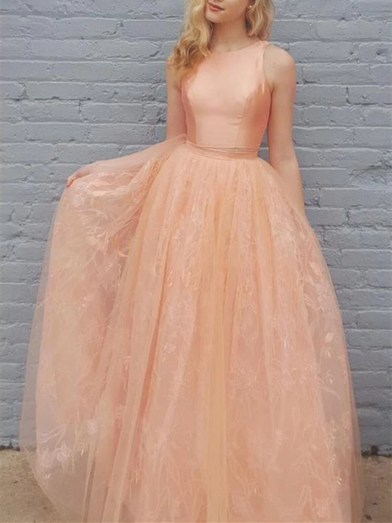 A Line Princess Two Pieces Orange Tulle Lace Long Evening Dress, 2 Pieces Orange Tulle Lace Long Prom Dress