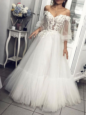 White Tulle Lace Long Prom Dress, White Tulle Lace Long Formal Evening Dress