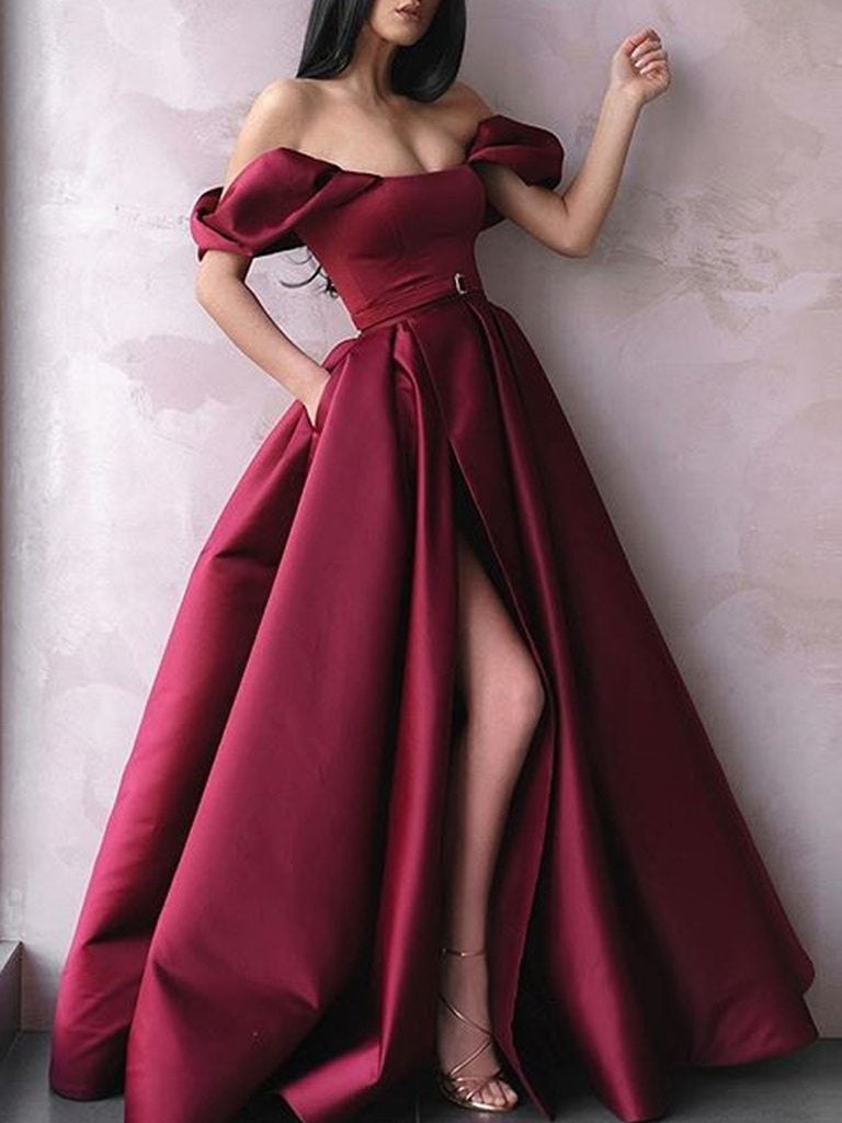 Burgundy Off The Shoulder Long Prom Dresses With Slit, Burgundy Off Shoulder Long Formal Evening Dresses