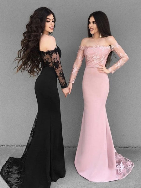  Black/Pink Mermaid Long Sleeves Lace Prom Dresses, Lace Mermaid Bridesmaid Dresses, Formal Evening Dresses