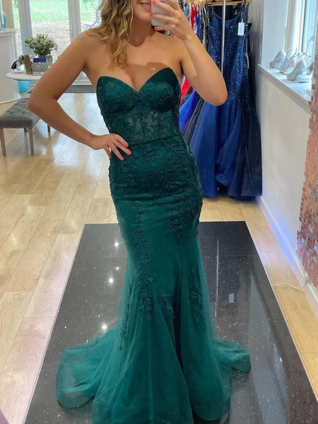 Sweetheart Neck Green Lace Mermaid Prom Dresses, Green Lace Mermaid Formal Evening Dresses