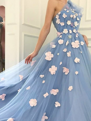 One Shouler Blue Tulle Prom Dresses with Beaded Flowers，Blue Tulle Formal Evening Dresses