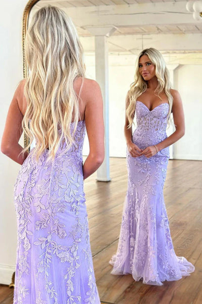 Mermaid Strapless Purple Lace Long Prom Dress, Purple Lace Formal Dress, Long Purple Evening Dress
