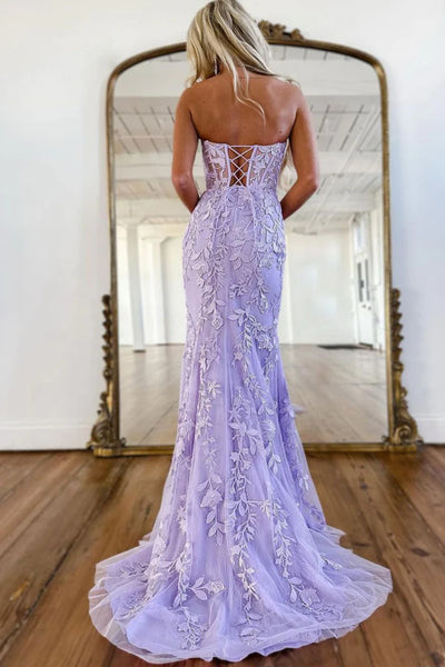 Mermaid Strapless Purple Lace Long Prom Dress, Purple Lace Formal Dress, Long Purple Evening Dress