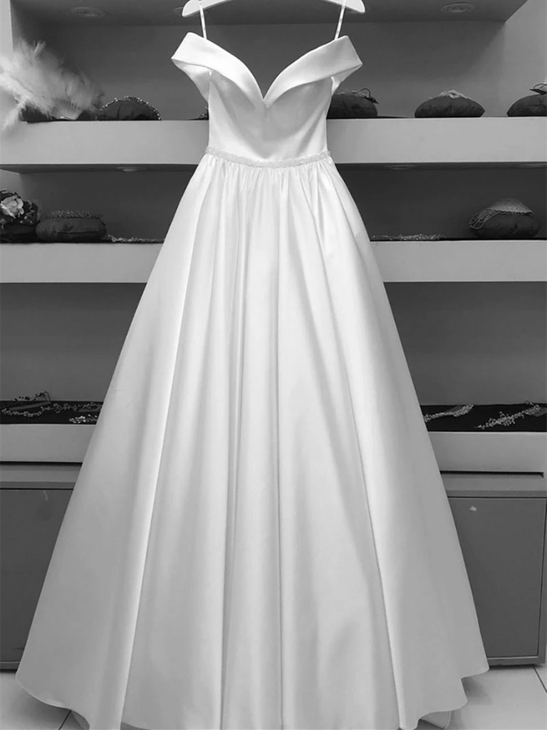 A Line White Off The Shoulder Satin Long Prom Dresses, White Off Shoulder Satin Long Formal Evening Dresses