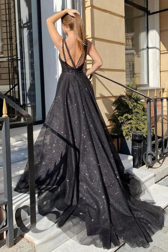 Open Back V Neck Black Tulle Long Prom Dresses, Shiny Black Formal Dre morievent Open Back V Neck Black Tulle Long Prom Dresses, Shiny Black Formal Dre morievent