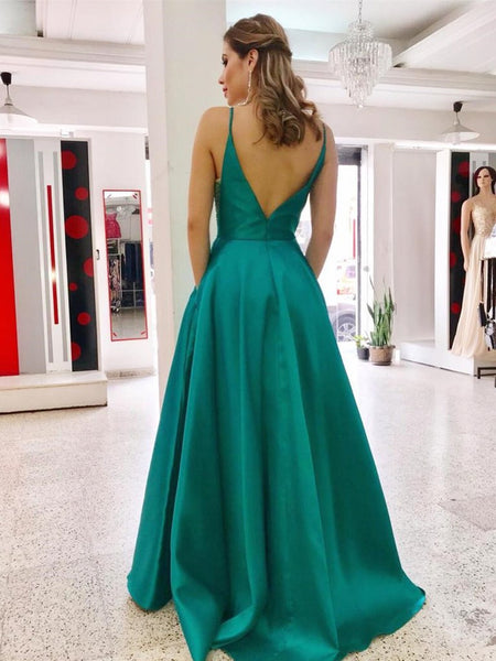 Simple V Neck Green Long Prom Dresses with Pockets, Green Backless Formal Evening Dresses