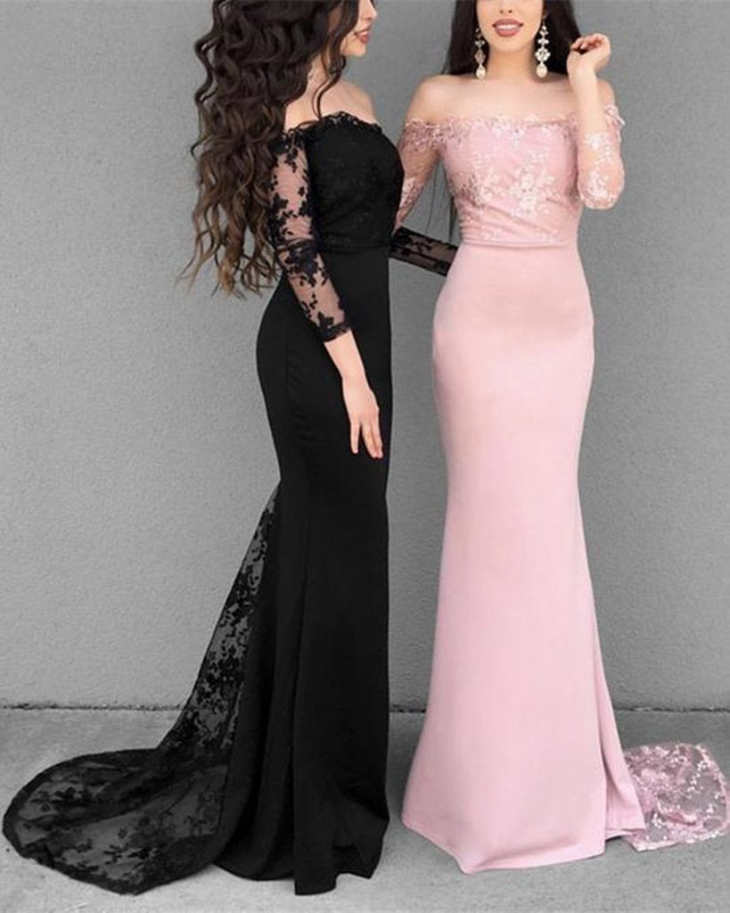  Black/Pink Mermaid Long Sleeves Lace Prom Dresses, Lace Mermaid Bridesmaid Dresses, Formal Evening Dresses