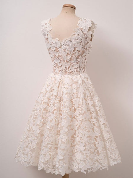 Cute Ivory Lace Short Prom Dresses, White Lace Homecoming Graduation Evening Dresses 