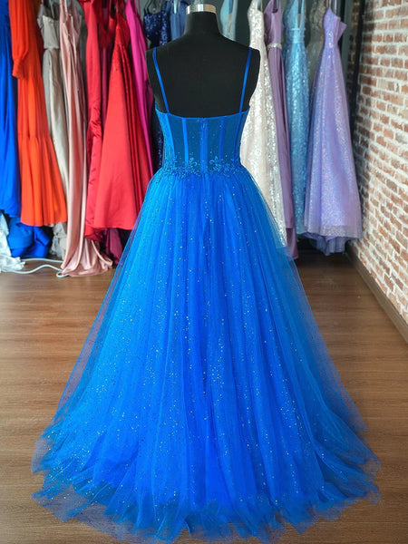 Blue Spaghetti Strap Lace Tulle Formal Evening Dress, Lace Blue Sweetheart Neck Prom Dress
