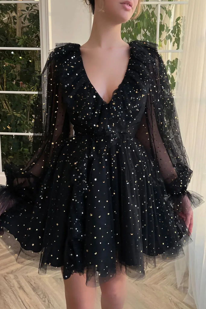 Black V Neck Tulle Short Prom Dress Cute Long Sleeve Homecoming Party morievent