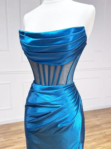 Blue Mermaid Satin Long Prom Dress, Mermaid Blue Formal Evening Dress