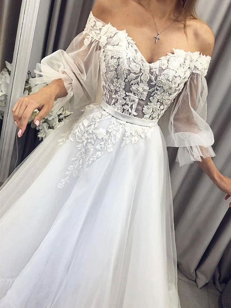White Tulle Lace Long Prom Dress, White Tulle Lace Long Formal Evening Dress
