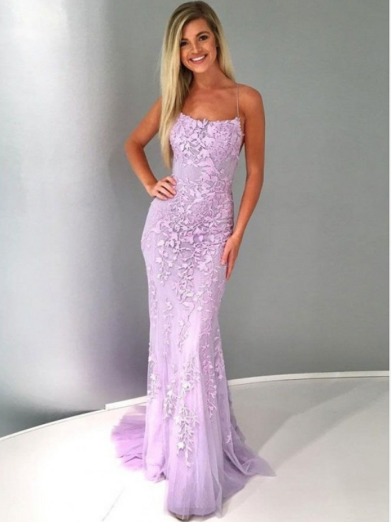 Unique Backless Mermaid Lavender Spaghetti Straps Lace Prom Dress with morievent Unique Backless Mermaid Lavender Spaghetti Straps Lace Prom Dress with morievent