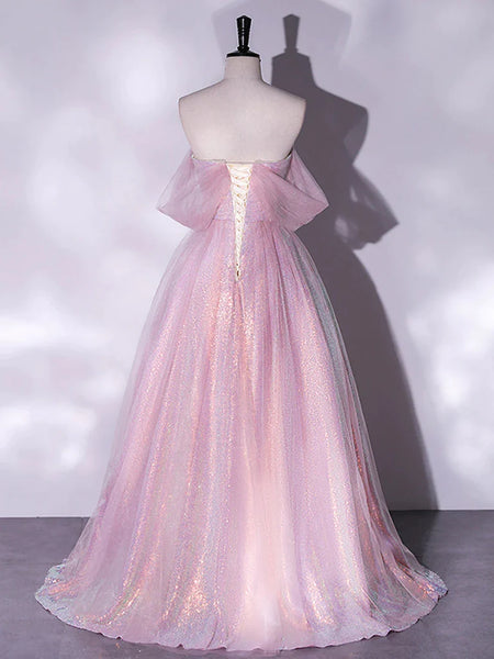 Shiny Off Shoulder Pink Tulle Long Prom Dresses, Off the Shoulder Pink Formal Dresses, Pink Evening Dresses