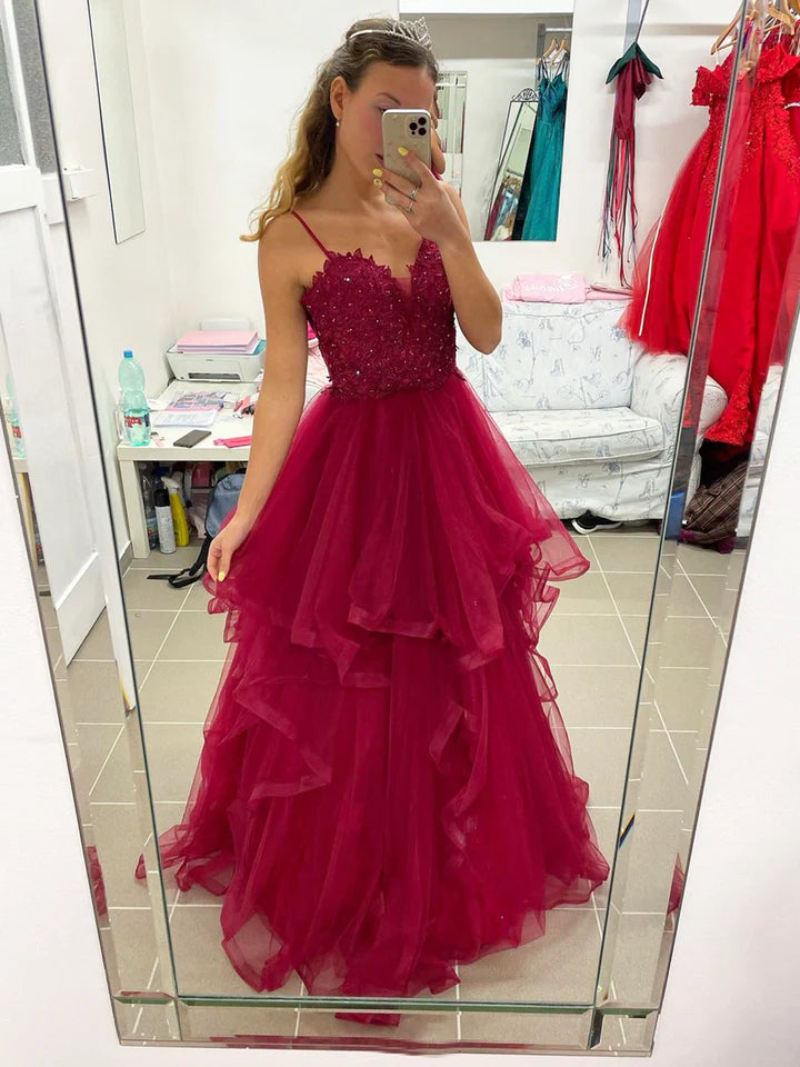 Burgundy Lace Spaghetti Strap Tulle Long Prom Dress , Burgundy A-Line morievent Burgundy Lace Spaghetti Strap Tulle Long Prom Dress , Burgundy A-Line morievent