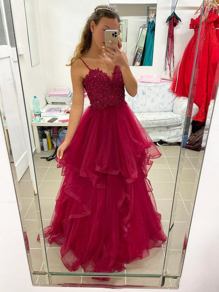 Burgundy Lace Spaghetti Strap Tulle Long Prom Dress , Burgundy A-Line Formal Evening Party Dress