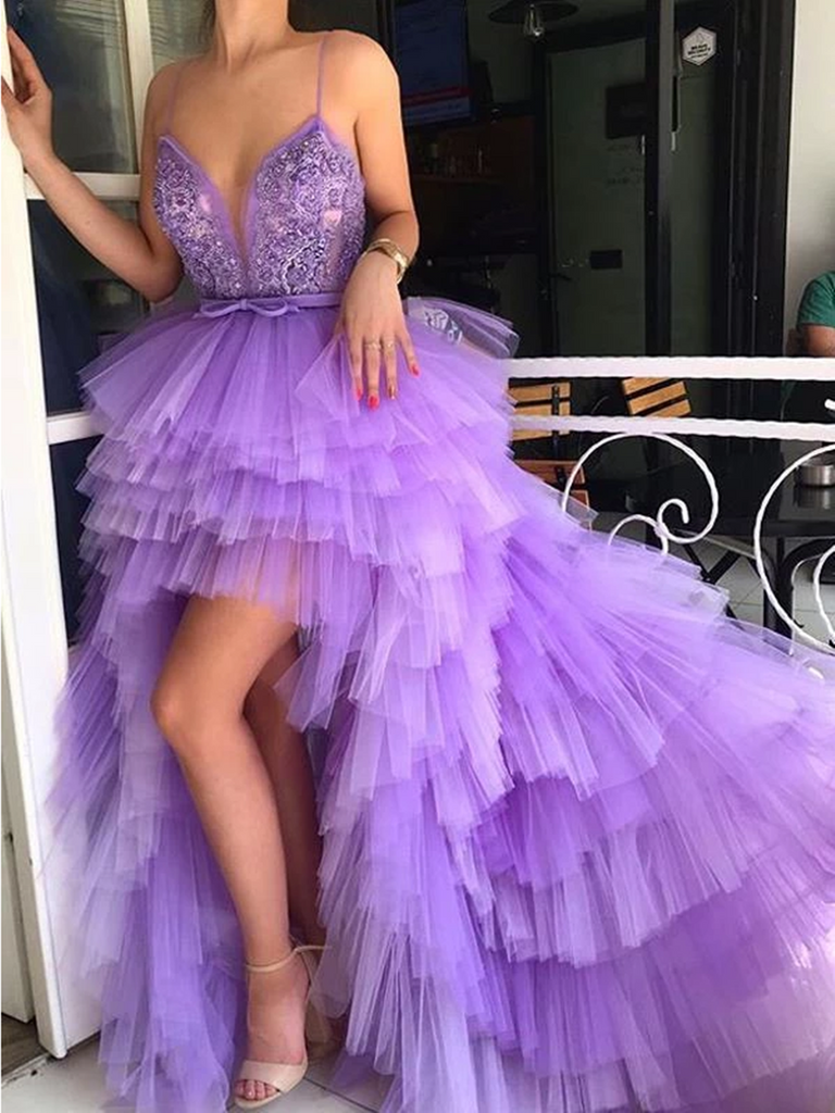 V Neck High Low Purple Tulle Lace Beaded Long Prom Dresses,  High Low Purple Lace Beaded Long Formal Evening Dresses