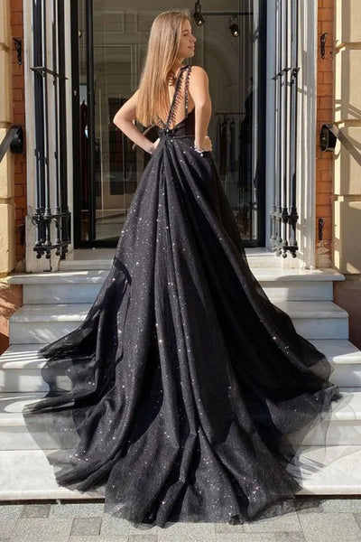 Open Back V Neck Black Tulle Long Prom Dresses, Shiny Black Formal Dresses, Black Evening Dresses