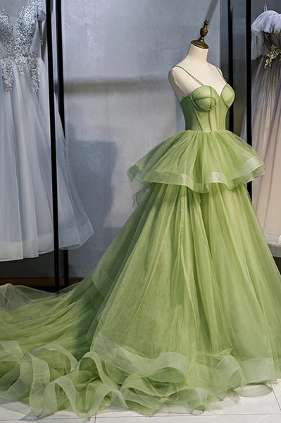 A Line Green Tulle Long Prom Dresses With Train, Green Tulle Long Formal Evening Dresses