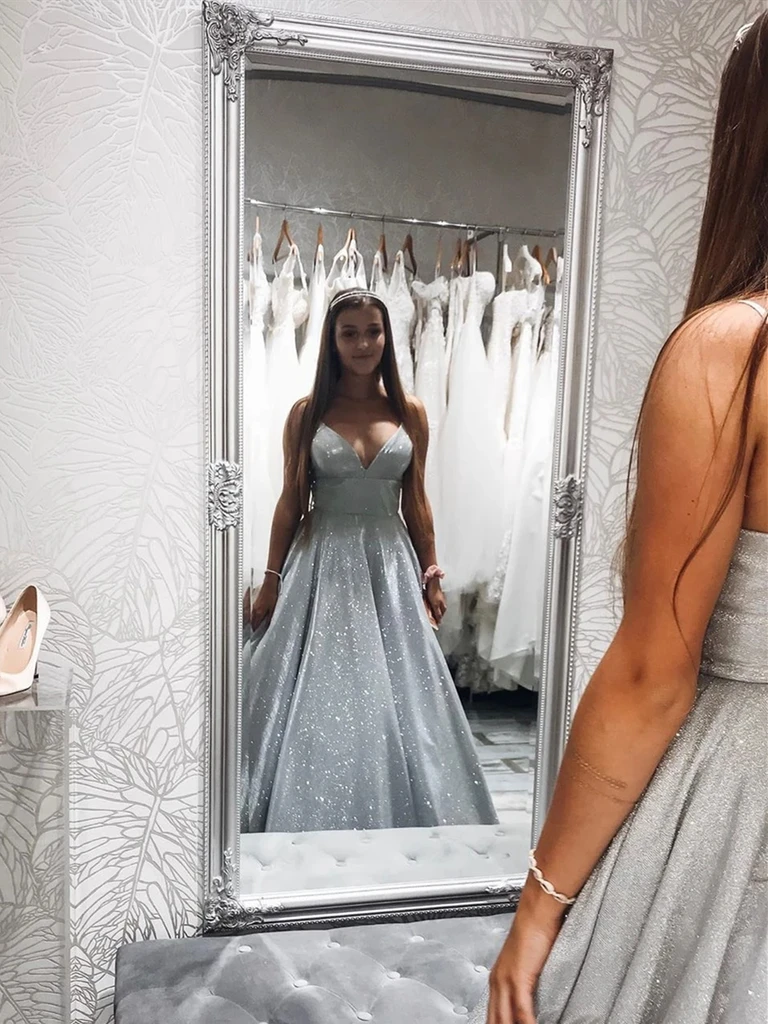 A Line V Neck Silver Gray Long Prom Dresses, Silver Gray Long Formal E – morievent A Line V Neck Silver Gray Long Prom Dresses, Silver Gray Long Formal E – morievent