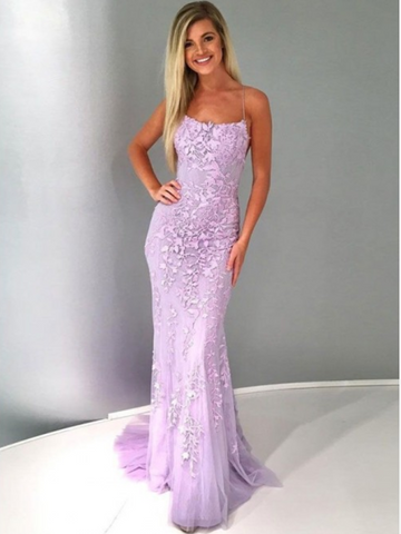 Unique Backless Mermaid Lavender Spaghetti Straps Lace Prom Dress with Appliques, Mermaid Purple Lace Formal Evening Dress