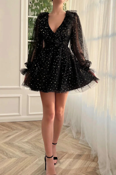Black V Neck Tulle Short Prom Dress, Cute Long Sleeve Homecoming Party Dress