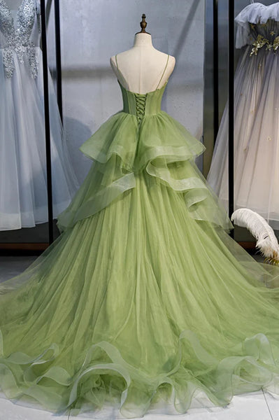 A Line Green Tulle Long Prom Dresses With Train, Green Tulle Long Formal Evening Dresses