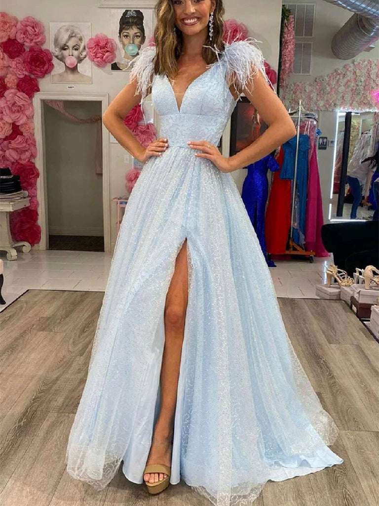 A Line V Neck Light Blue/White Long Prom Dress with High Slit, Light B morievent A Line V Neck Light Blue/White Long Prom Dress with High Slit, Light B morievent